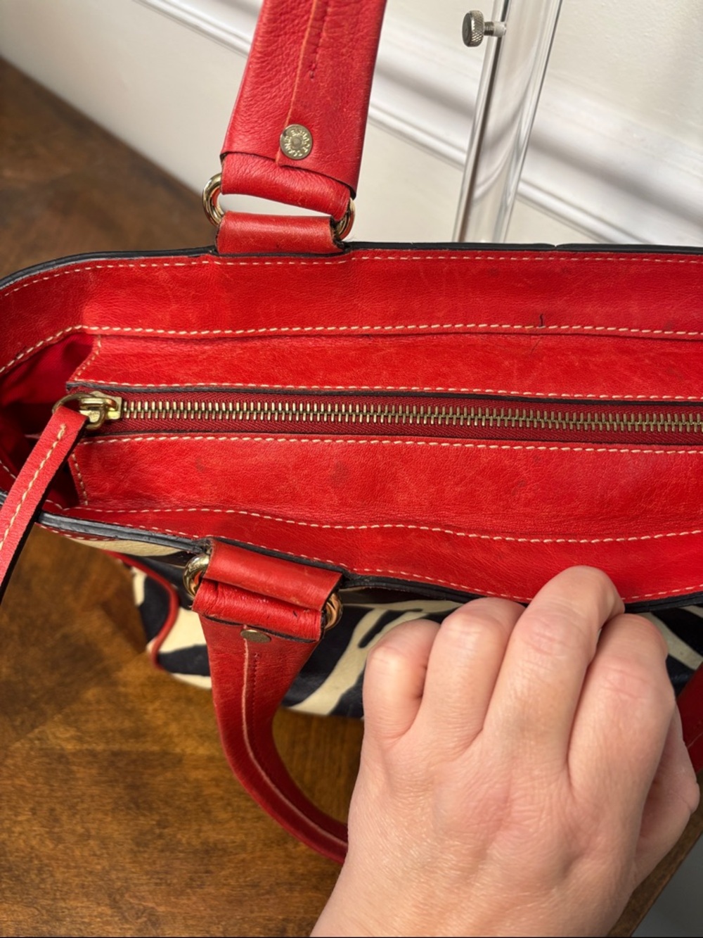 Dooney & Bourke Red Leather Trim Zebra-Print Tote Bag - Picture 15 of 16